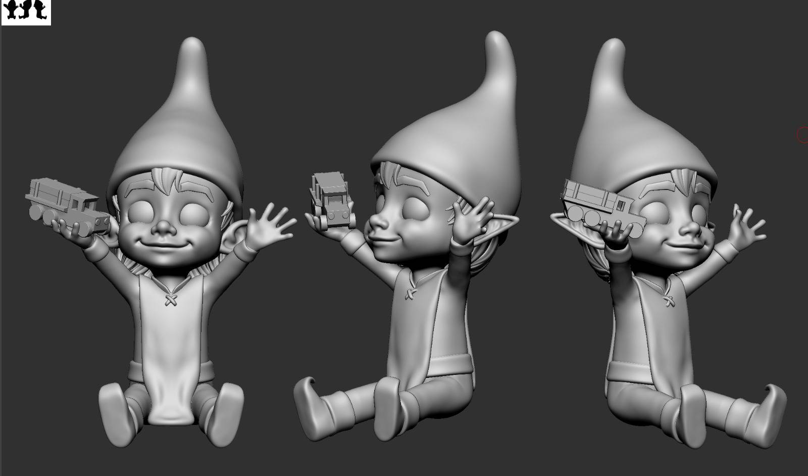 Modelo tridimensional de duende sentado em três ângulos