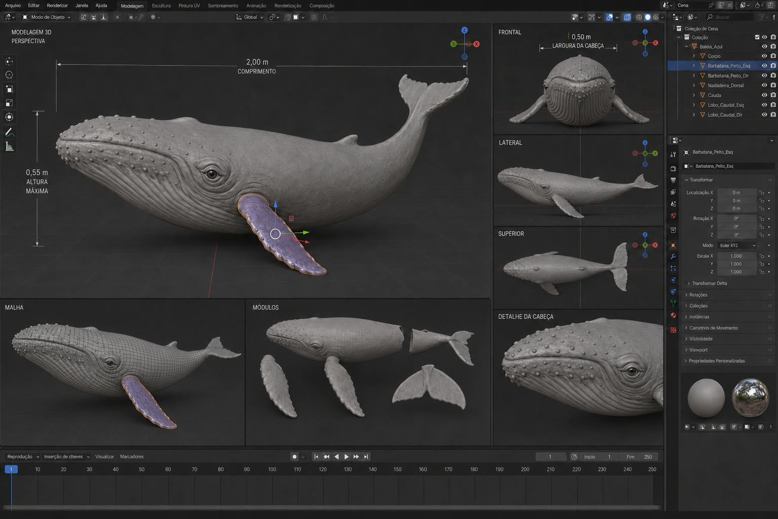Modelagem 3D de baleia com vistas frontal, lateral, superior e peças separadas